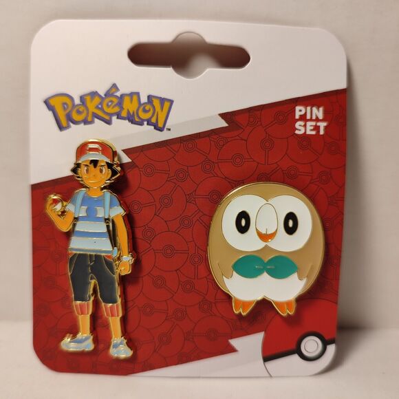 Pokemon Rowlett And Ash Ketchum Enamel Pins Set Official Nintendo Badges - Picture 1 of 9